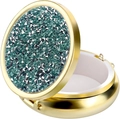 Detail of portable gold pill box with sparkling green crystals and white inner compartment - Gold - Silver Green Rhinestone