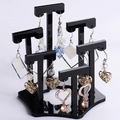 Acrylic black T-bar earring display stands with hexagonal bases for jewelry storage - Black
