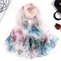 Thin silk scarf with landscape ink painting print on light pink lightweight fabric - 160cm / Landscape Apricot