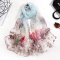 Women's gradient chiffon silk scarf featuring elegant Chinese landscape art and trees - 160cm / Landscape Light Blue