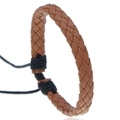 Minimalist brown woven leather bracelet with adjustable black pull string closure - Tan