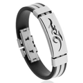 Men's silicone bracelet with stainless steel fire flame pattern in black and white finish - White