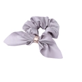 Detailed view of lavender satin bow hair scrunchie with elegant gold metal ring accent - Light Gray