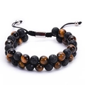 Double-layer braided bracelet with natural tiger eye stone and black lava rock beads - Lava Rock & Tiger Eye Style
