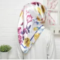 90x90cm floral silk hijab with yellow and pink roses on a clean white background - #12 White Rose
