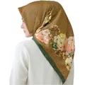 Floral print satin headscarf in bronze gold and green with large flower pattern - #16 Gold Brown Green Monogram