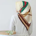 Classic 90cm silk scarf for women in cream featuring red and green stripes and chain print - #14 Beige Chain Stripe