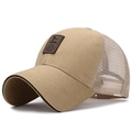Khaki mesh baseball cap with premium leather logo patch and breathable net back - Adjustable / Dark Camel