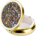 Macro detail of round golden pill box featuring colorful rhinestones and white compartment - Gold - Silver Multi-color Rhinestone