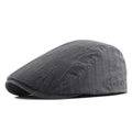 Dark grey cotton linen flat cap featuring vertical stripes and a square metal logo - 58-59 / Gray