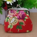 Detail of red rose floral canvas coin purse with silver metal clasp closure - Red
