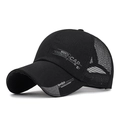 Black breathable mesh baseball cap with white sports logos and gray contrast brim - Adjustable / Black