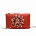 Elegant red satin evening box bag with a large rhinestone flower and gold chain strap - Red