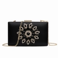 Black evening clutch bag with crystal flower ornament and gold metal chain strap - Black