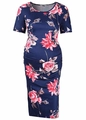 Zwangerschapsjurk met korte mouwen in marineblauw met bloemenprint en rimpeling - S / Koningsblauw