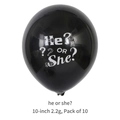 Pack of 10 10-inch black gender reveal latex balloons with He or She print design - He or She Latex Balloons