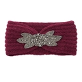 Knitted wine red headband for women featuring handcrafted silver bead flower embroidery - Fuschia