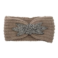 Detail of taupe knitted headband featuring handmade bead embroidery flower pattern - Khaki