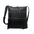 Black pebble PU leather crossbody bag with dual gold zippers and adjustable strap - Black