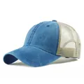 Navy blue denim and beige mesh trucker baseball cap with breathable cotton paneling - Adjustable / Sky Blue