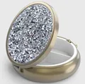 Detail view of gold pill box showing white three-compartment interior and rhinestone lid - Bronze - White Rhinestone