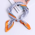 Blue geometric diamond print satin square scarf with orange contrast borders - Stripe Plaid Orange-Green