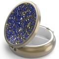 Detail of round metal pill box with blue rhinestone lid and two internal sections - Bronze - Gold Blue Rhinestone