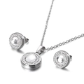 Titanium steel jewelry set featuring a round crystal necklace and stud earrings with halo diamonds - White