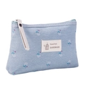 Blue canvas floral makeup bag with white flower pattern and convenient hand strap - Wood Cotton Flower / Light Blue