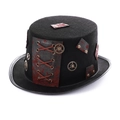 Schwarzer Steampunk-Zylinder mit Bronzezahnrädern, roten Lederpatches und Metallnieten - Einheitsgröße / Schwarz (Geschnürter Steampunk-Stil)