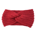 Red cable knit crossover headband in soft yarn with ribbed texture for winter warmth - Burgundy