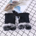 Women's black faux suede fingerless gloves with fluffy faux fur trim and pom pom detail - One Size / Black