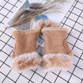 Detail of camel faux suede gloves with fluffy plush cuffs and warm fleece lining - One Size / Camel