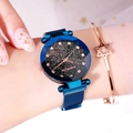 Montre femme à quartz ciel étoilé avec bracelet en maille bleue et cristaux - Ciel Étoilé Bleu Carré (Bracelet en Maille Bleu)