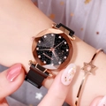Montre femme ciel étoilé avec bracelet en maille or rose et bracelet étoile - Ciel Étoilé Noir Carré (Bracelet en Maille Noir)