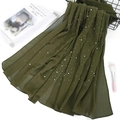Elegant dark green chiffon scarf with white pearl beading detail and lightweight texture - 22# Army Green