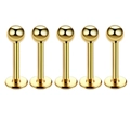 Detailed set of five polished gold stainless steel labret studs with flat base and ball top - Sphere / 1.2*6+3mm / Gold