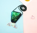 Kids sequin mermaid tail coin purse with holographic silver fin and crossbody strap - Green + Matte Black