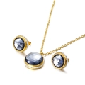 Golden jewelry set featuring dark grey round zircon necklace and matching stud earrings - Grey Blue