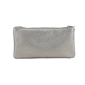 Silver textured leather makeup brush pouch with zipper closure in champagne finish - Brush Pouch / Silver
