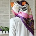 Square satin scarf with luxury bag prints and gold chain motifs in purple and pink - #33 Purple Fashion Bag Print