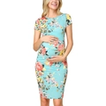 Slim fit light blue maternity dress with colorful floral print and short sleeves - S / Light Blue