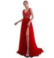 Detailed view of the red sequins and V-neckline on the sleeveless evening dress - S / Dresses / Red