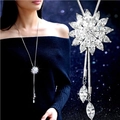 Detail of silver snake chain necklace featuring a floral zircon pendant and sliding buckle - Crystal Flower Necklace (016)