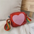 Bright red heart crossbody bag for girls with glitter detail and rainbow strap - Red
