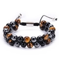 Macro detail of double-layer Tiger Eye and Hematite stone beads with adjustable cord - Tiger's Eye & Hematite Mixed Colors (Style 05)