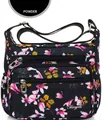 Black nylon crossbody bag with pink peach blossom print and multi-zipper pockets - 816 Pink Peach Blossoms