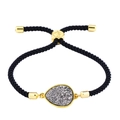 Verstellbares schwarzes Seilarmband mit goldfarbenem grauem Druzy-Tropfenanhänger - Schwarze Kordel Silber