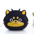 Cute black shiba inu silicone coin purse with silver metal clasp and keychain rings - Husky