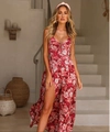 Detail of red floral maxi dress with low cut neckline and high slit on light fabric - S / Dresses / As Shown